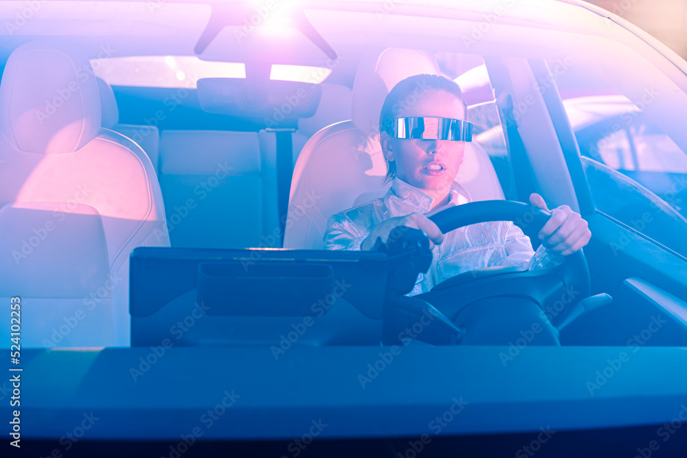 Fashion cyberpunk girl drive a supercar asian woman with future