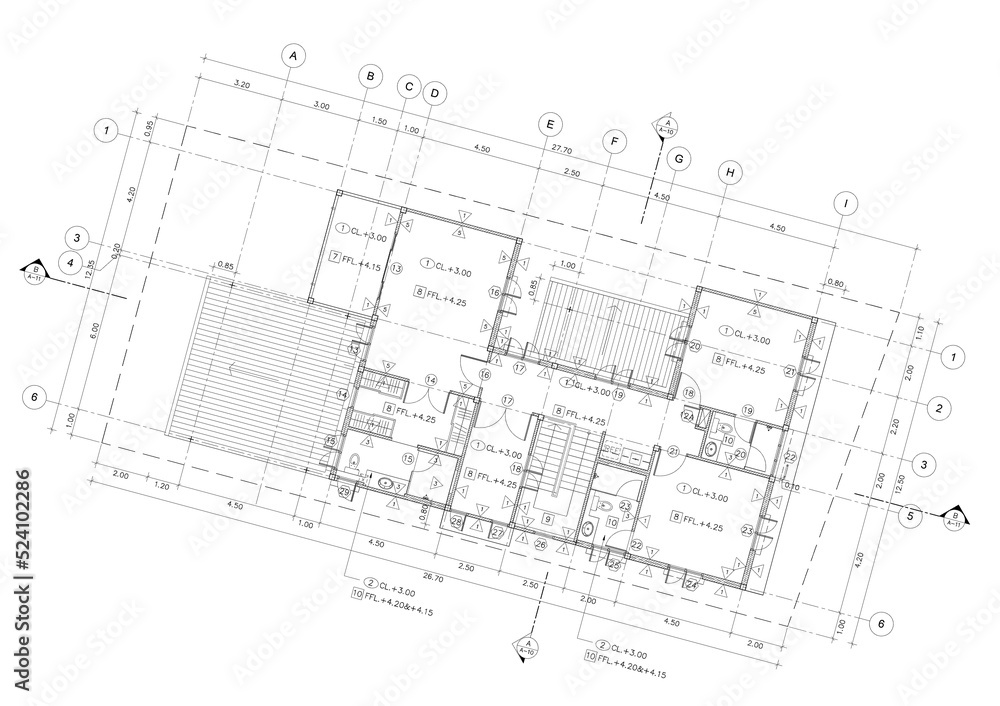 Floor plan designed building on the drawing. Floor plan designed building on the drawing.