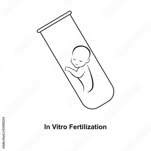 In Vitro Fertilization linear medical icon with text. Abstract vector illustration of fetus in test tube symbol. Logo template for human reproduction or artificial insemination, gynecology, obstetrics