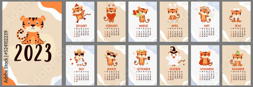 Yearly monthly design calendar for 2023 with cute tiger. Set of 12 pages and cover in English. Vector illustration. Vertical template. Week from Sunday. Stationery, planner, organizer with animal