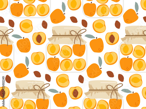 Seamless pattern with Pickled apricot in glass jar. Traditional homemade pickled fruit recipes. Traditional homemade pickled fruit. Repeated background for textile, fabric, paper, wallpaper, packing
