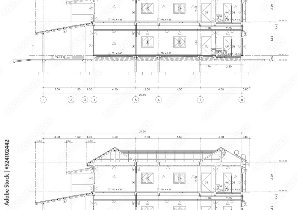 Floor plan designed building on the drawing. Floor plan designed building on the drawing.
