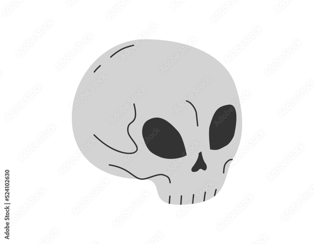 Hand drawn cute cartoon illustration of magic skull. Flat vector Halloween spooky character sticker in simple colored doodle style. Evil head icon or print. Isolated on white background.