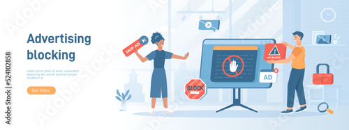 Ad Blocking. No advertising, anti spam protection, without ads concept. Website Adblock software, skip button. Flat concept great for social media promotional material. Website banner background.