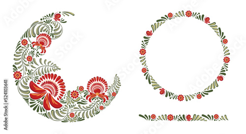 Vector floral ornamental round in Petrykivka style. Floral border frame. Decorative composition, circle art frame Ukrainian folk art. Ethnic ceramic decor with flowers, leaves, tendrils, berries