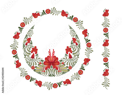 Vector floral ornamental round in Petrykivka style. Floral border frame. Decorative composition, circle art frame Ukrainian folk art. Ethnic ceramic decor with flowers, leaves, tendrils, berries