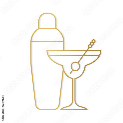 golden bartending, cocktail drink and shaker line icon- vector illustration