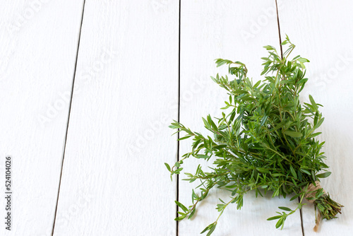 Bunch of fresh thyme on white wooden background