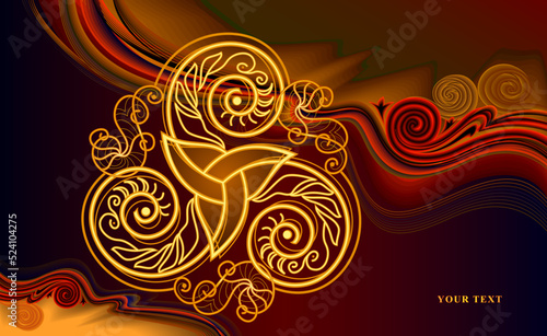 Abstract Celtic background. Triple trickle symbol with golden light. Luxury ornate gold ornament. Print for greeting card, poster, mural wallpaper, invitation, decoration. Vector illustration.