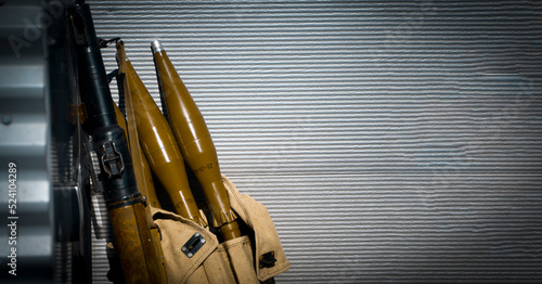 Quadro em tela Gun and artillery shells, militant equipment closeup.