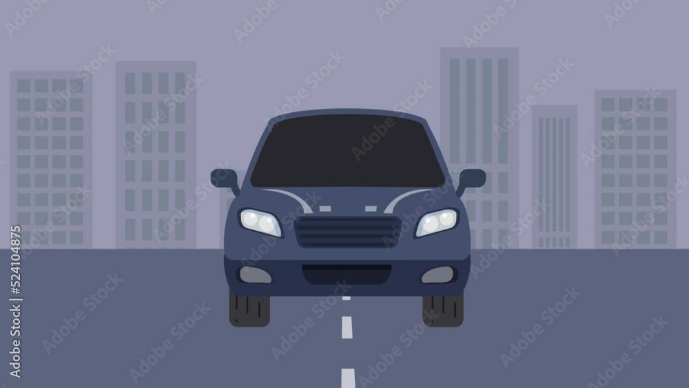 Car front 2D animation with city background. Car front 2D animation with city background.