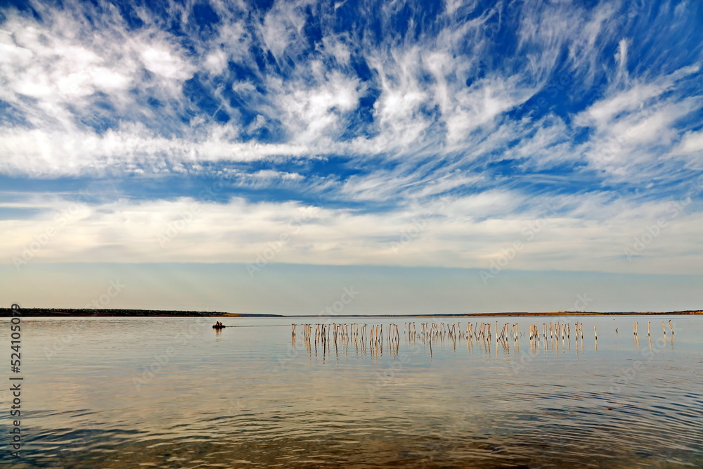 Landscape views coastline and water surface of the Tiligul lake before sunset. Nature of Ukraine, 2019. 