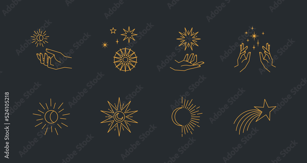 Aesthetic astral hands. Collection of cosmic and celestial elements with sun, moon and stars. Isolated editable linear vectors. Aesthetic astral hands. Collection of cosmic and celestial elements with sun, moon and stars. Isolated editable linear vectors.