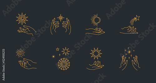 Aesthetic astral hands. Collection of cosmic and celestial elements with sun, moon and stars. Isolated editable linear vectors.