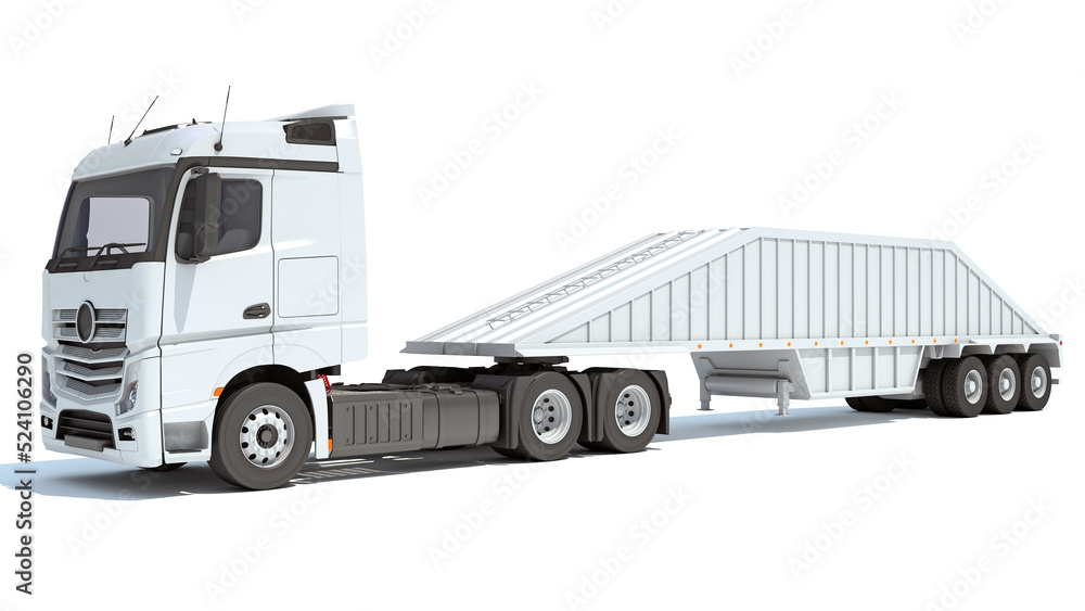 Heavy Truck with Bottom Dump Trailer 3D rendering on white background