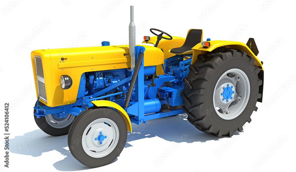 Old Classic Tractor farm equipment 3D rendering on white background Old Classic Tractor farm equipment 3D rendering on white background
