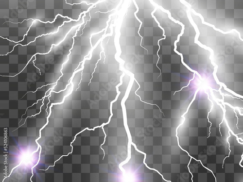 Vector image of realistic lightning. Flash of thunder on a transparent background.