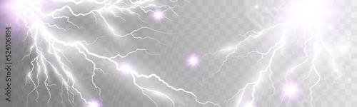 Vector image of realistic lightning. Flash of thunder on a transparent background.