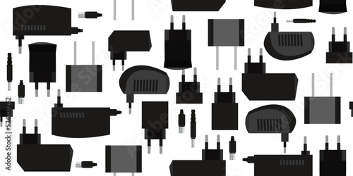 Charger. Power supply for electrical appliances. Electrical plug with rectifier. Isolated on white background. Seamless pattern. Vector