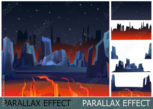 Rocks cliffs landscape. Image from layers for overlay with parallax effect. Cracked earth cracked. Lava and magma. Starry sky. Cartoon flat style. Dark twilight and dusk. Vector.
