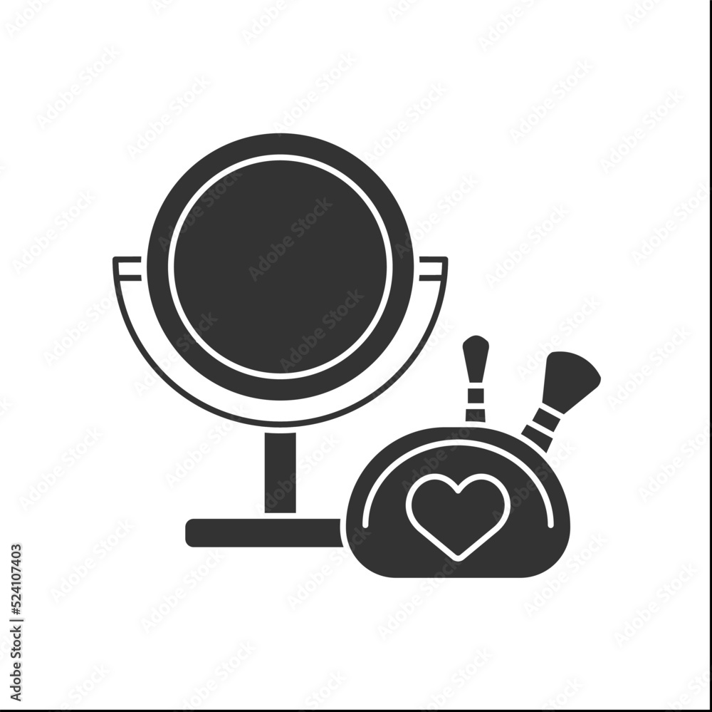 Beauty procedure glyph icon. Table mirror with illumination and makeup kit. Makeup concept. Filled flat sign. Isolated silhouette vector illustration Beauty procedure glyph icon. Table mirror with illumination and makeup kit. Makeup concept. Filled flat sign. Isolated silhouette vector illustration