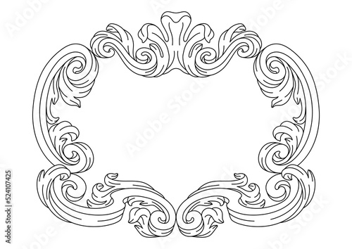 Decorative floral frame in baroque style. Engraved black curling plant.