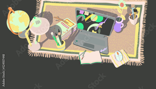 Vector illustration of laptop, book, lamp on a desk. workspace. concept idea of education and learning. graphic design artwork