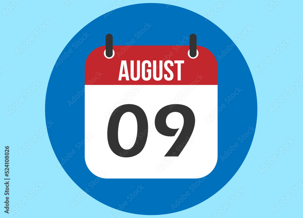 9 August blue calendar vector. Calendar august with circle in background clear. 9 August blue calendar vector. Calendar august with circle in background clear.