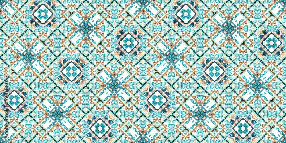 Teal beach house border in coastal style patchwork pattern. Modern nantucket summer printed edging time fabric. Banner ribbon in seamless repeat.