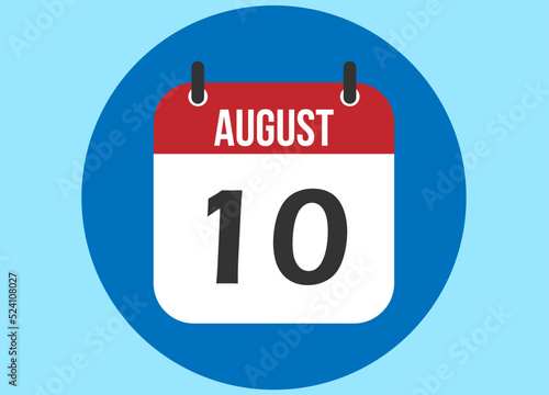 10 August blue calendar vector. Calendar august with circle in background clear.