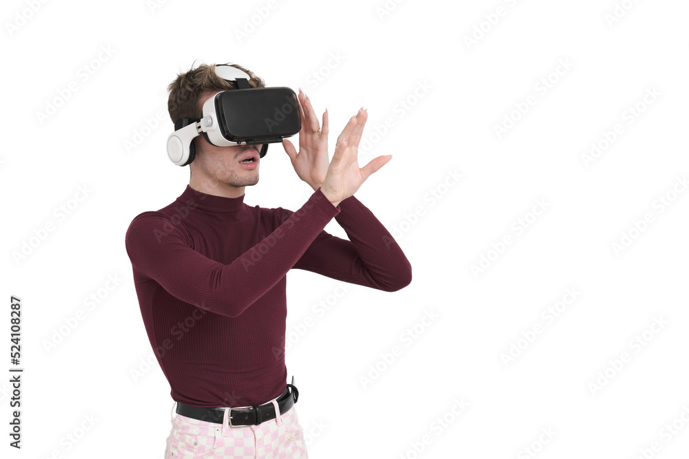 Young caucasian man amazed wearing virtual reality headset. Isolated over white background. Young caucasian man amazed wearing virtual reality headset. Isolated over white background.