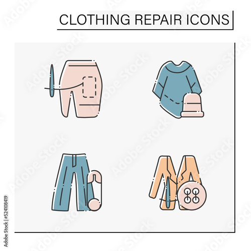 Clothing repair color icons set. Correct and trim length in mini skirt, macho poncho, palazzo trousers, bomber jacket. Fashion concept. Isolated vector illustrations