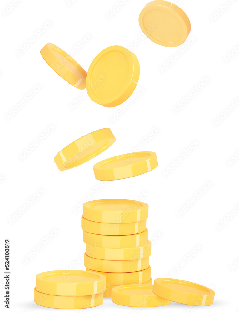 3d coin stack and flying coins on blue background. Financial success and growth concept. Vector rector cartoon illustration 3d coin stack and flying coins on blue background. Financial success and growth concept. Vector rector cartoon illustration