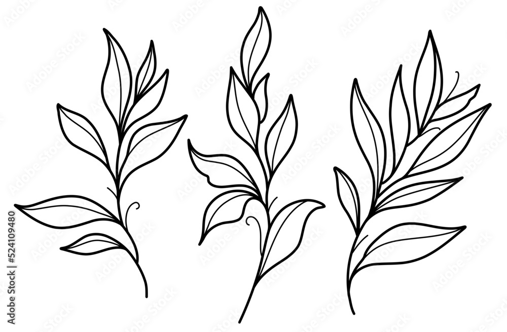 Leaf branch editable outline black and white vector SVG line art Stock