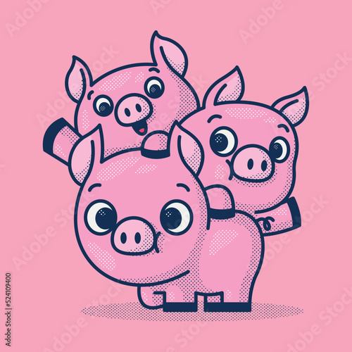 CUTE THREE PIGS IS SLINGING EACH OTHER CARTOON ILLUSTRATION
