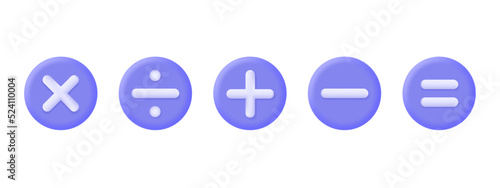 3d set of mathematical signs. plus, minus, divide, multiply, equal. round buttons for the calculator. vector illustration isolated on white background.
