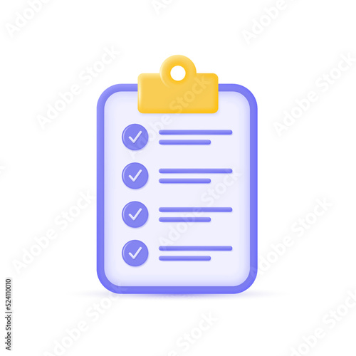 3d checklist with check marks in a minimalistic cartoon style. concept of planning, doing assignments, exam or testing. vector illustration isolated on white background.