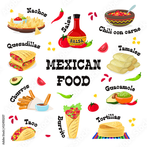 Set of Mexican food icons. Cartoon illustrations of traditional Mexican food such as burrito, quesadillas, nachos, churros etc. isolated on a white background. Vector 10 EPS.
