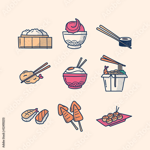 HAND DRAWING WITH HALFTONE COLOUR JAPANESE FOOD CARTOON LOGO COLLECTION