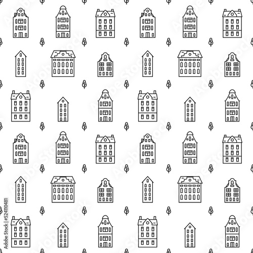 Black and white seamless pattern with european holland houses and trees. Old historical buildings. Vector illustration in outline flat style.
