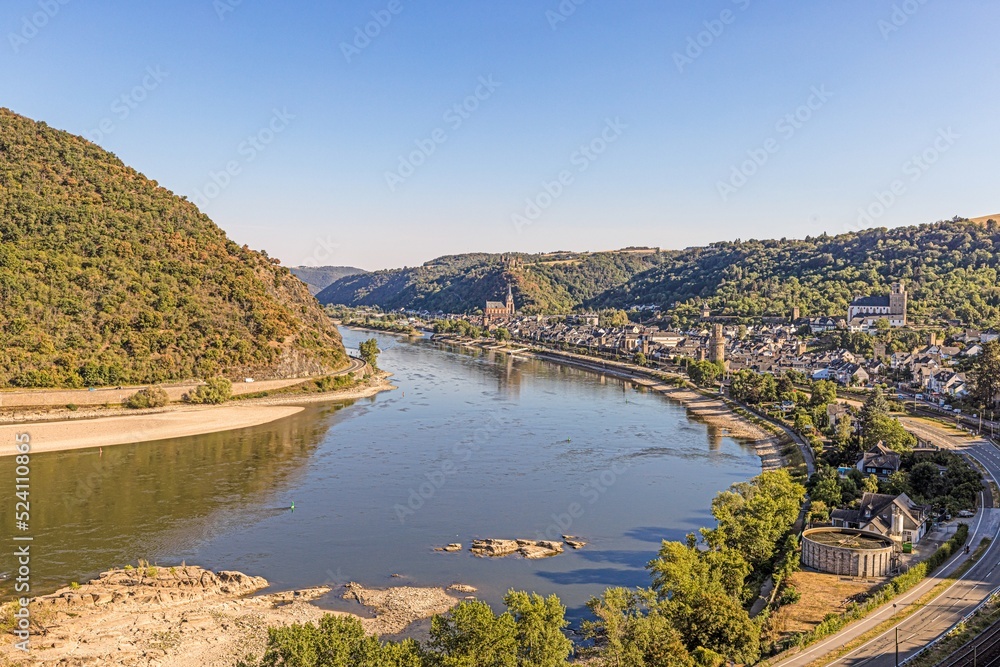 Panorama of the town Oberwesel in evening light at low water level