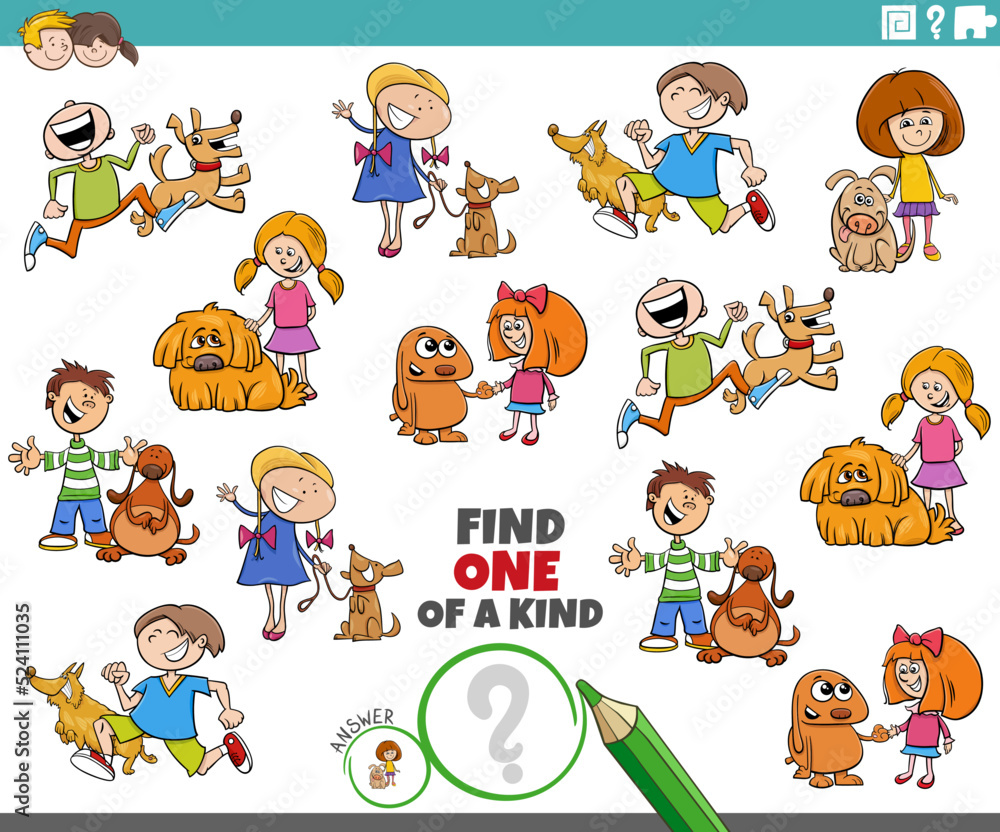 one of a kind game with cartoon children and their dogs