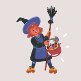 Vector illustration of girl child character dressed in Halloween witch costume holding a magi broom stick