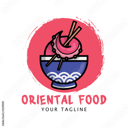 ORIENTAL FOOD CARTOON LOGO WITH OCTOPUS TENTACLE IS HOLDING CHOPSTICKS
