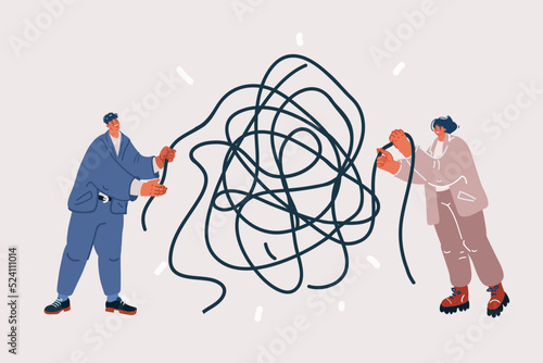 Vector illustration of Man and woman yarn ball thread leading to its core. Creative concept for relationships.