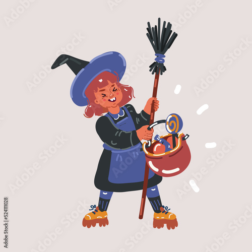 Vector illustration of girl child character dressed in Halloween witch costume holding a magi broom stick