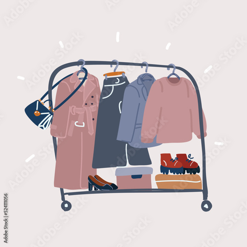 Vector illustration of wardrobe with stylish clothes, shoes and bags