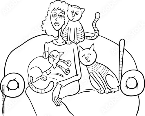 woman with her cats on the sofa cartoon coloring page