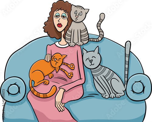 woman with her cats on the sofa cartoon illustration