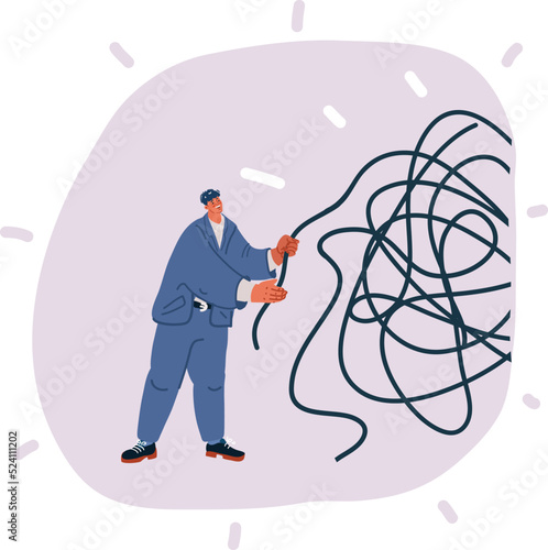 Vector illustration of Decision of psychological problems. Man untangles ball of thread in head.. Psychotherapy, mental mindset type